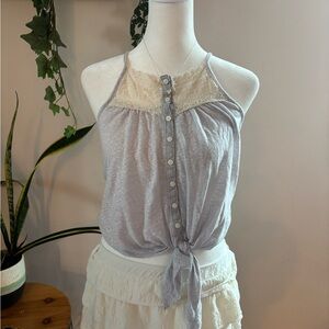 Abercrombie & Fitch Lavender Halter Button-Front Tie Tank with Cream Lace